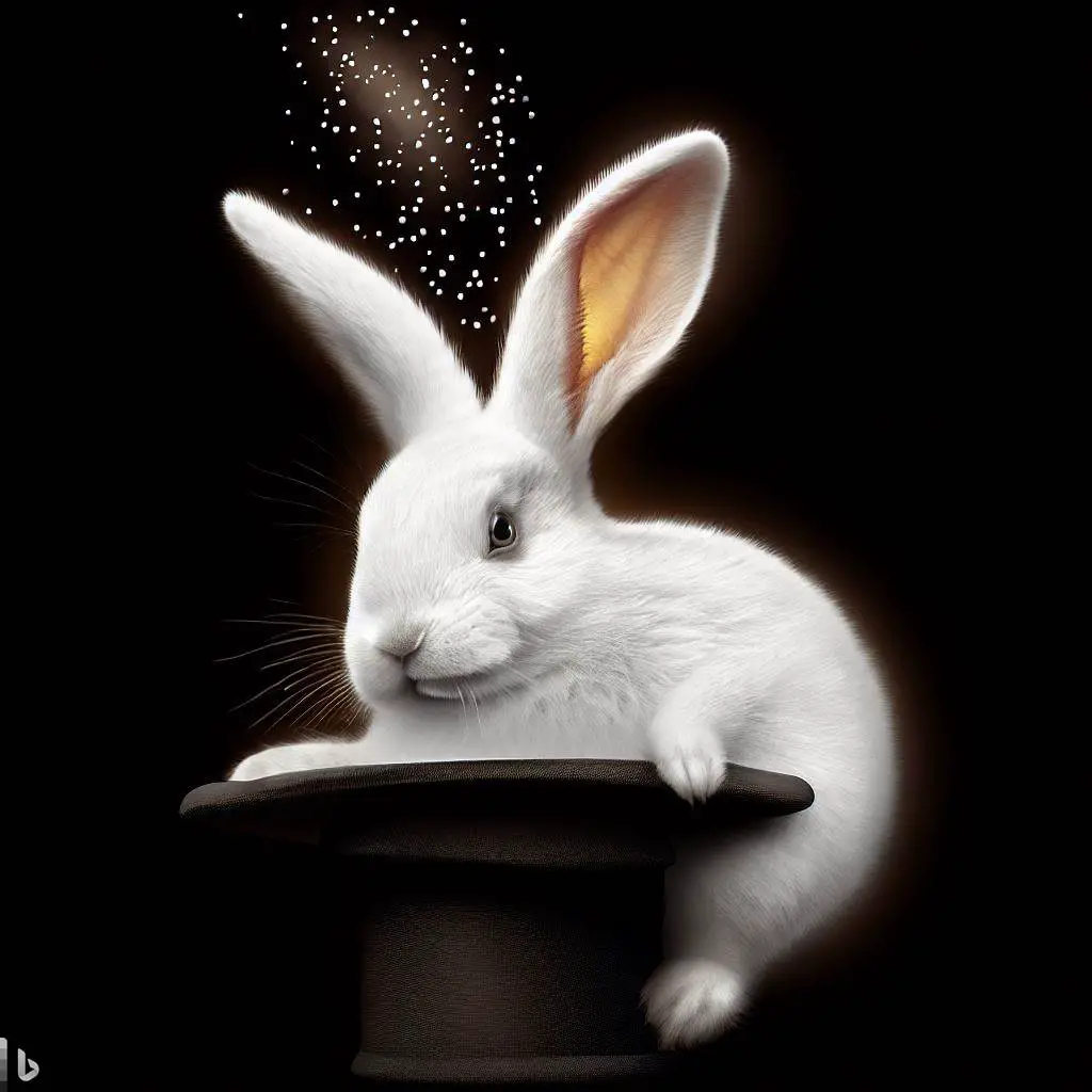 Image of a rabbit being pulled from a hat by a magician. Image created by Bing AI. 